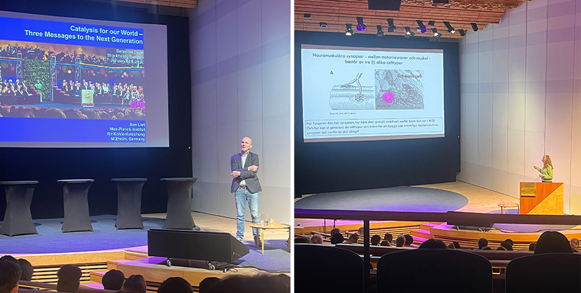 Bilder på två talare från hörsalen i Aula magna.