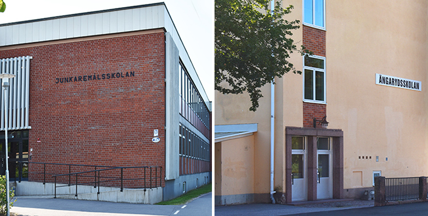 Montage med två skolbyggnader.