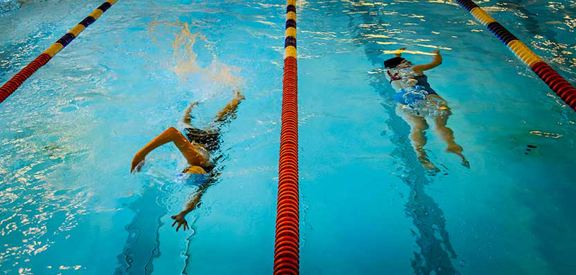 Två personer motionssimmar i en simbassäng.