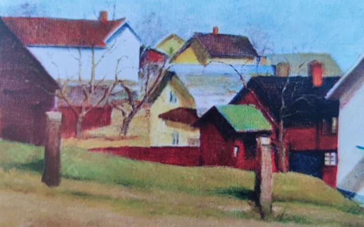 Målning av en by med färgglada hus, träd utan löv och gräs i förgrunden under blå himmel.