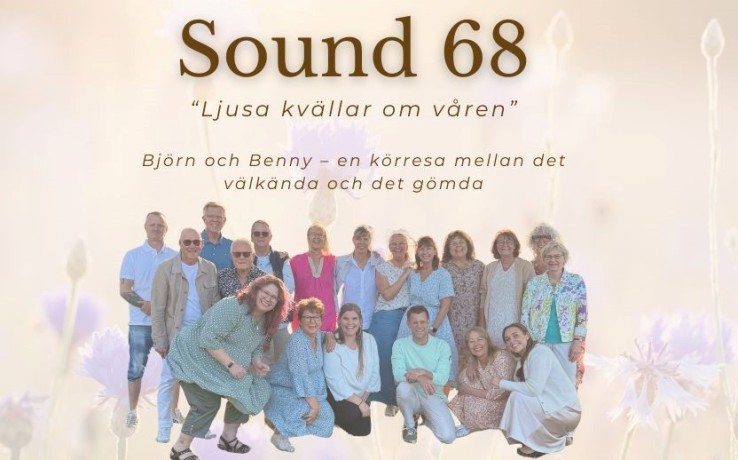 Gruppfoto av Sound 68-kören framför ljus, blomstrande bakgrund med text om vårkonsert.