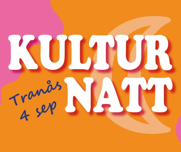 Affisch med texten 'Kulturnatt Tranås 4 sep' på färgglad bakgrund i orange, rosa och vitt med en måne.