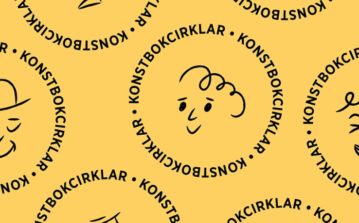 Gul bakgrund med tecknade ansikten inuti cirklar och texten 'KONSTBOKCIRKLAR' runt varje cirkel.