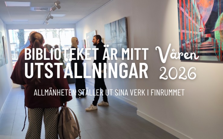 Personer tittar på konstverk i ett galleri med text om vårens utställningar 2026 på biblioteket.