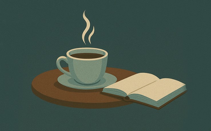 Illustration av en kopp kaffe med ånga och en öppen bok på ett bord mot mörk bakgrund.