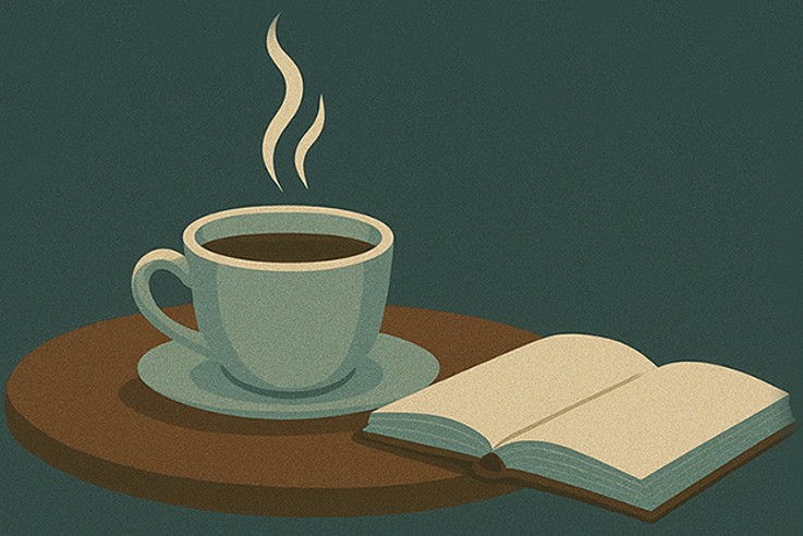 Illustration av en kopp kaffe med ånga och en öppen bok på ett bord mot mörk bakgrund.