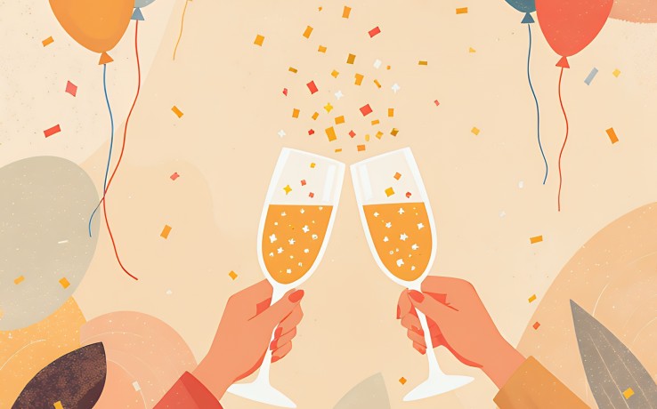 Två händer skålar med champagneglas bland ballonger och konfetti i en festlig miljö.