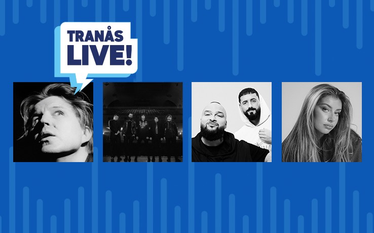 Fyra suddiga porträtt på personer mot blå bakgrund med texten 'Tranås Live!' högst upp.