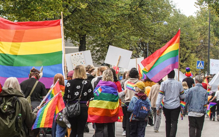 En grupp människor marscherar på en gata med regnbågsflaggor och ballonger under en prideparad.