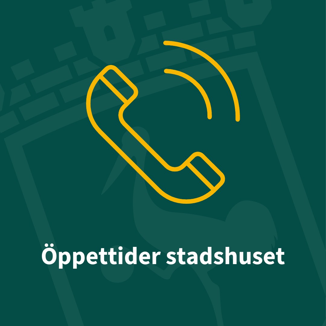 Illustration av en gul telefonlur och texten 'Öppettider stadshuset' på grön bakgrund.