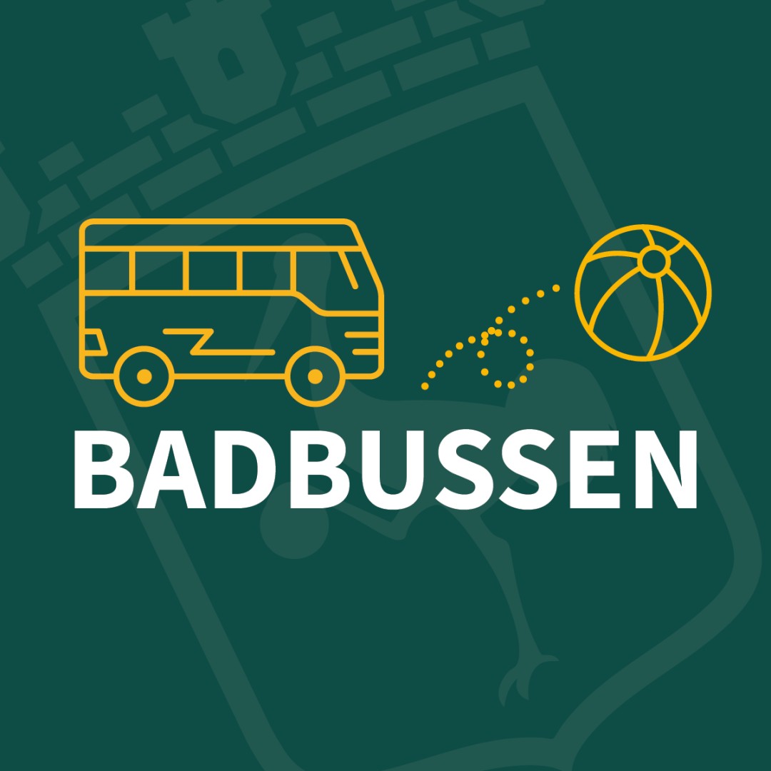 Illustration av en buss och en badboll med texten 'BADBUSSEN' på grön bakgrund.