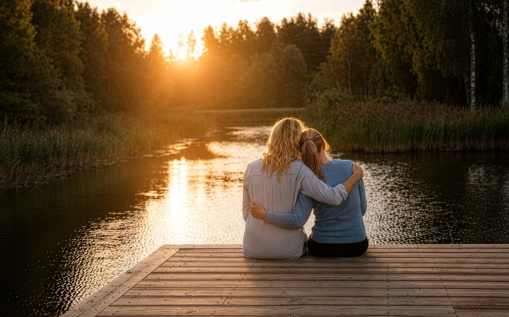 Två personer sitter omfamnade på en brygga vid en sjö i solnedgången, omgivna av skog.