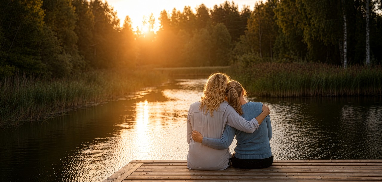 Två personer sitter omfamnade på en brygga vid en sjö i solnedgången, omgivna av skog.