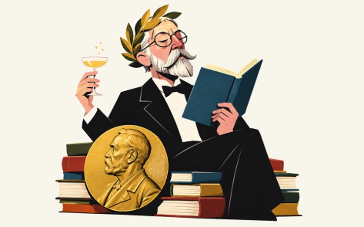 Illustration av äldre man med glas och bok, sittande på böcker med Nobelmedalj bredvid sig.