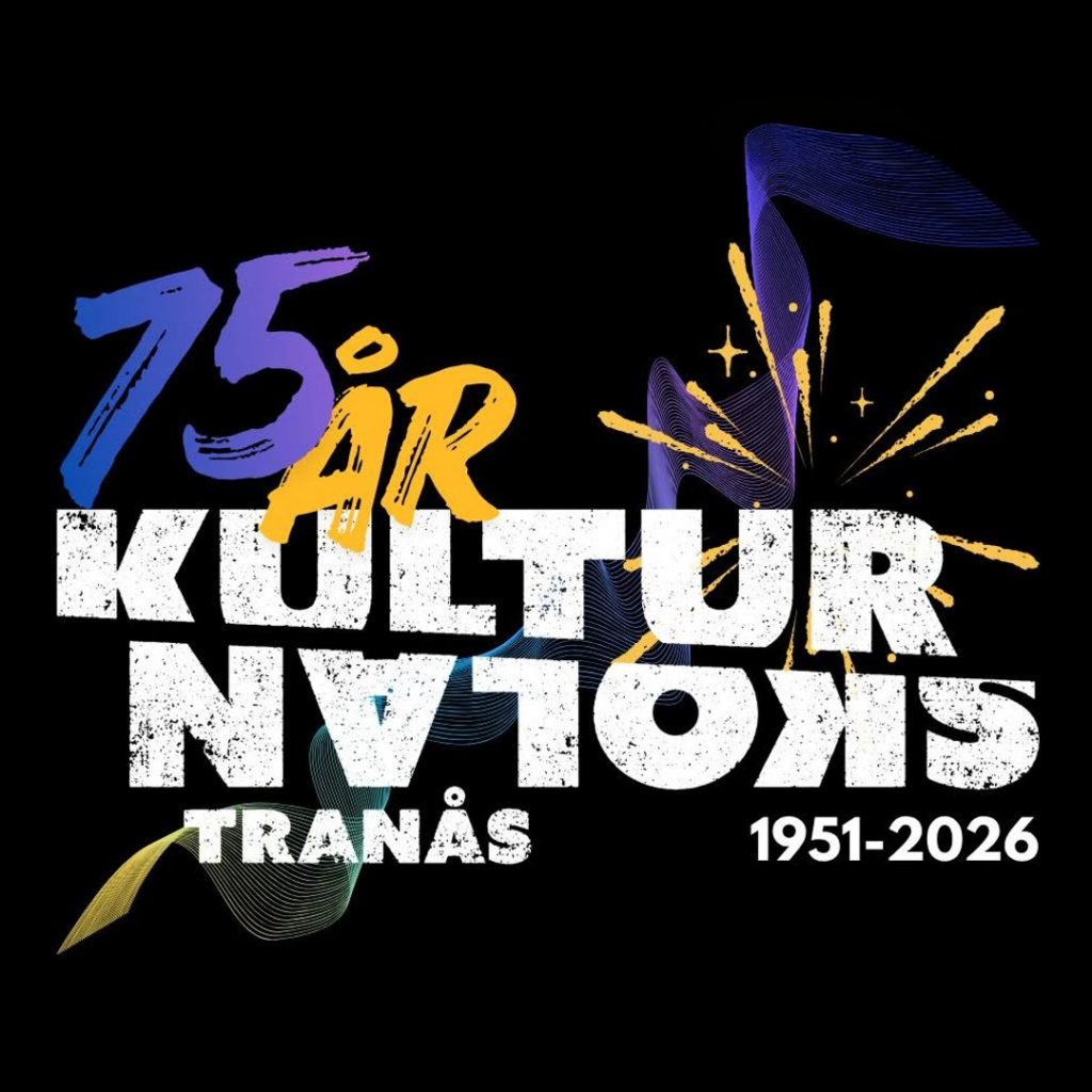 Färgglad affisch med texten '75 år Kulturnatta Tranås 1951-2026' mot svart bakgrund.