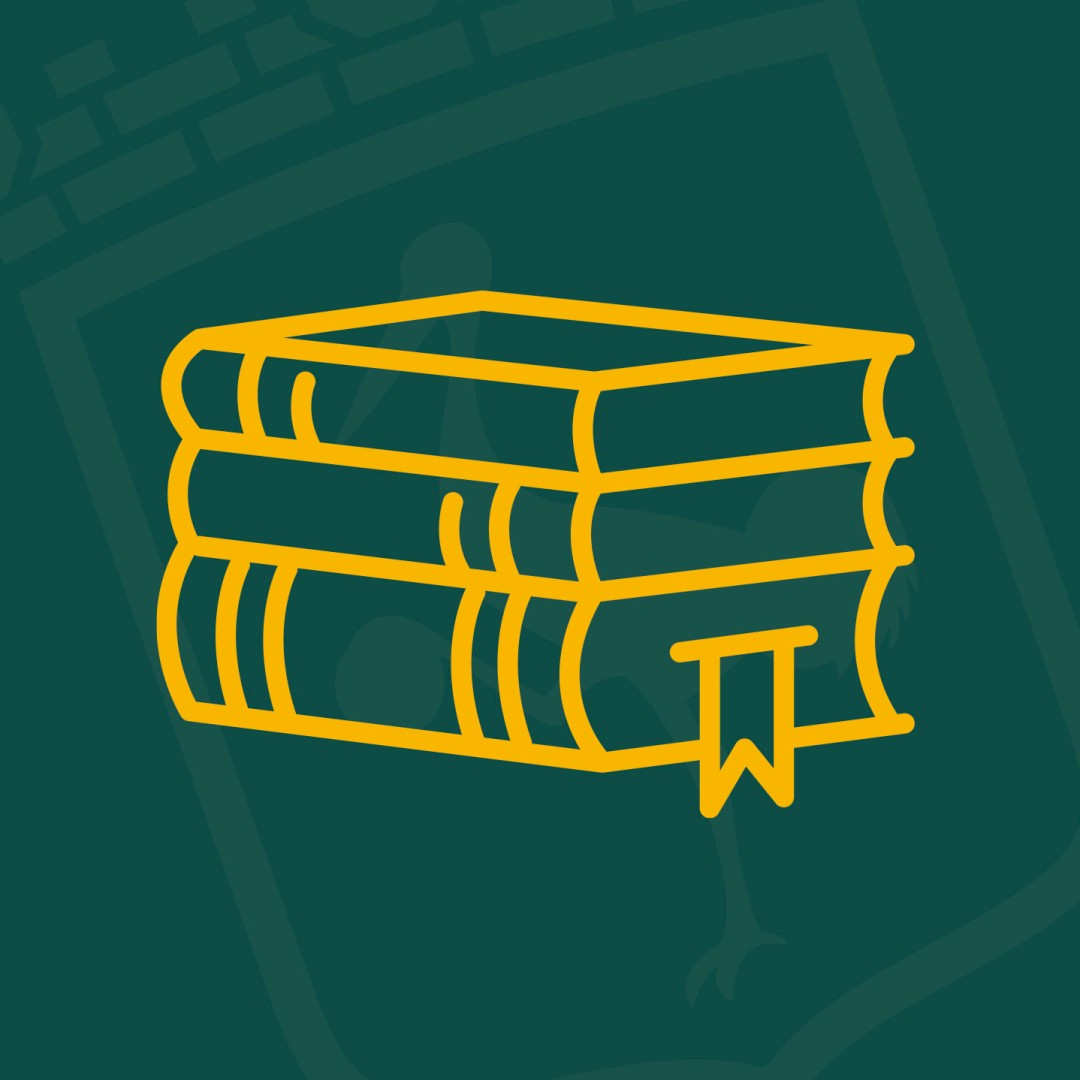 Illustration av tre gula böcker med ett bokmärke på grön bakgrund.